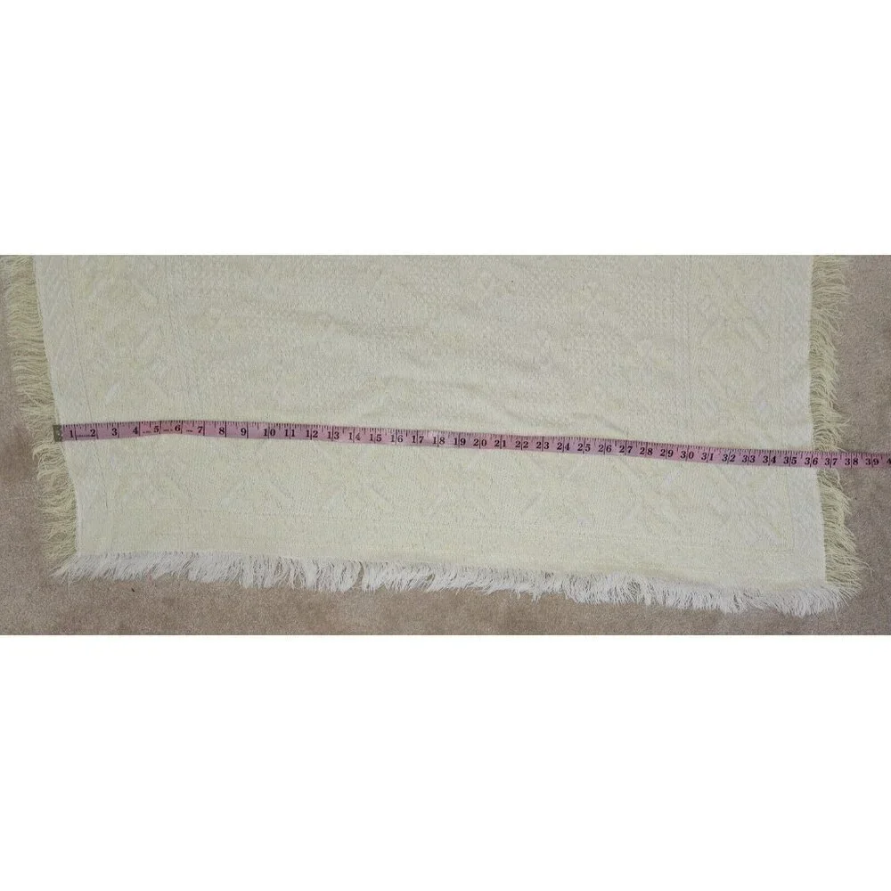 VTG Yellow White Baby Blanket Acrylic Fringe Knit 35x36